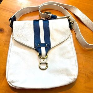 Avorio genuine leather crossbody bag in white with blue trim.